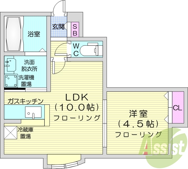 1LDK、カウンターキッチン、独立洗面台、クローゼット