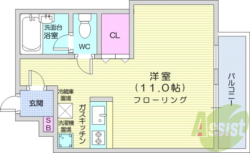 1K、バス・トイレ別、バルコニー、クローゼット