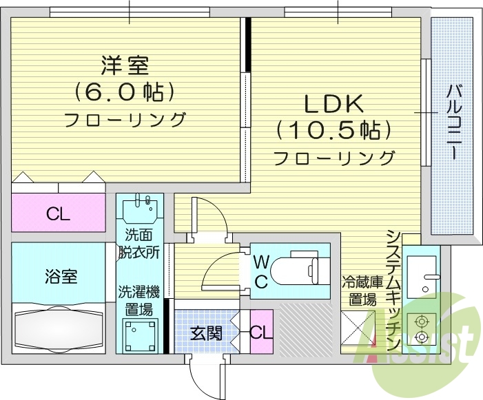 1LDK、都市ガス、システムキッチン、ネット無料