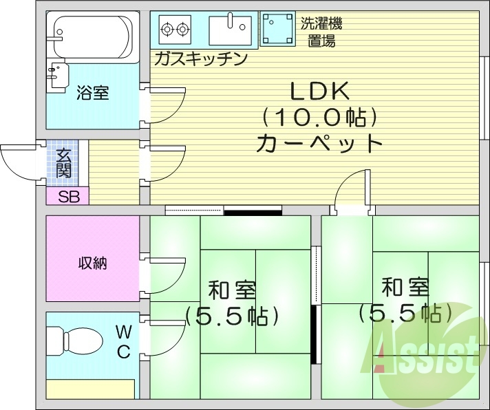 2LDK、都市ガス物件、洗面台、収納スペース