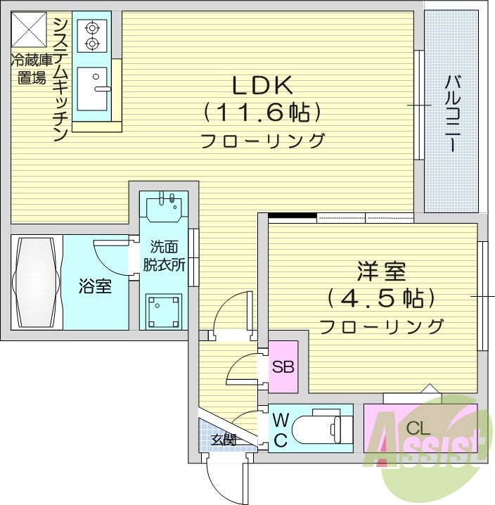1LDK、独立洗面、都市ガス、対面キッチン