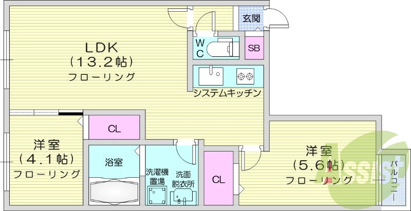 2LDK、都市ガス、24時間換気システム、光ファイバー