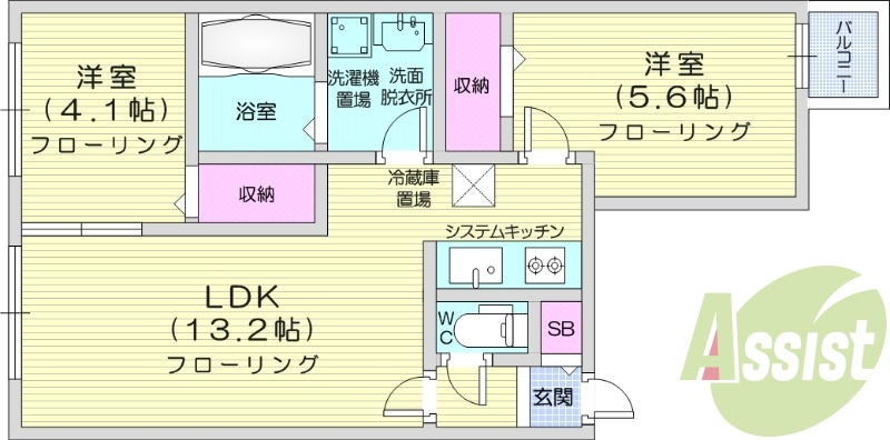 2LDK、都市ガス、24時間換気システム、光ファイバー
