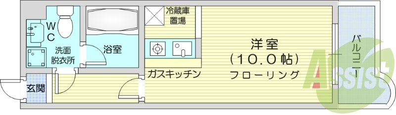 1K、角部屋、バストイレ別、灯油FF暖房
