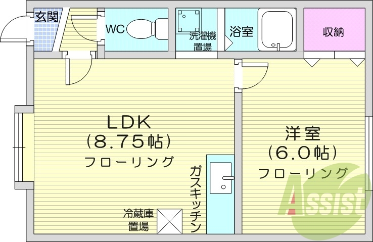 1DK、灯油暖房、バストイレ別、給湯ガス、収納
