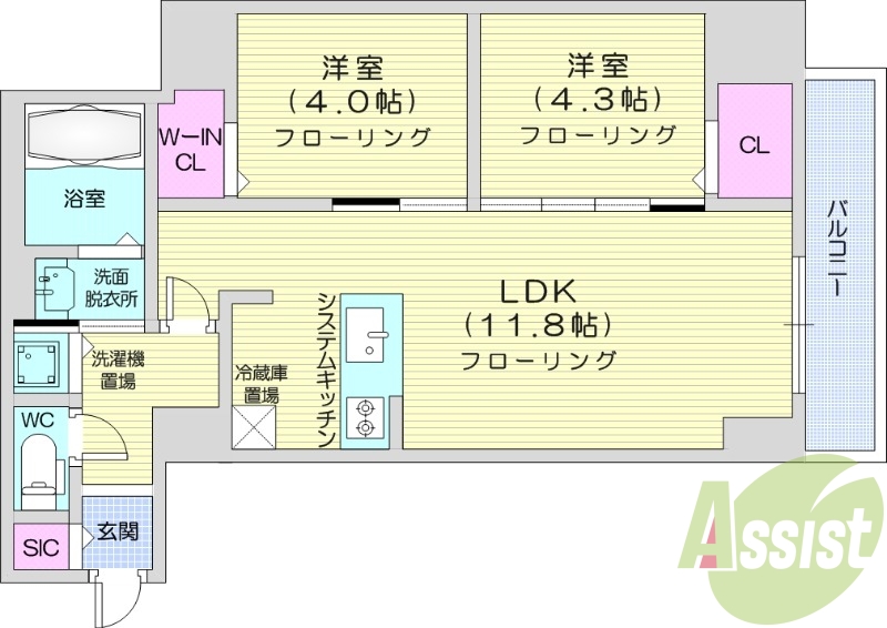 2LDK、都市ガス、システムキッチン、追い焚き