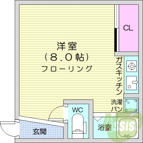 1R、ガスキッチン、バス・トイレ別、室内洗濯機置き場
