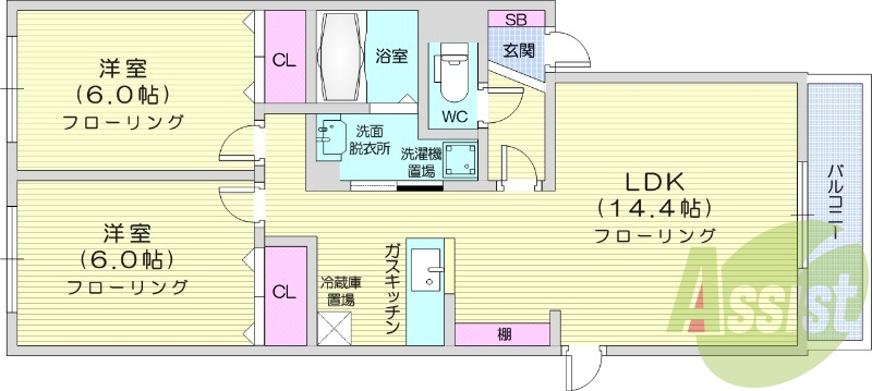 2LDK、ネット無料、TV付きモニターホン、灯油暖房
