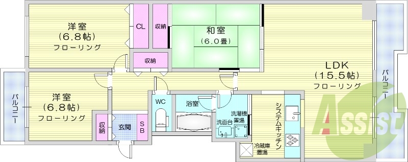 3LDK、都市ガス物件、カウンターキッチン、2面バルコニー