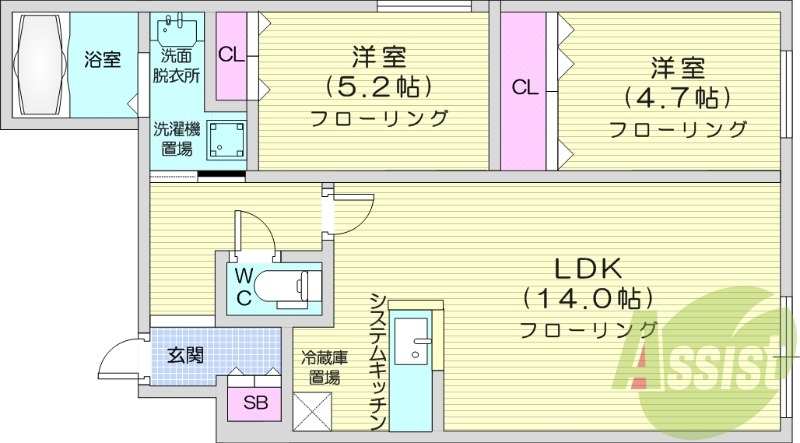 2LDK、ネット無料、エアコン、一坪バス、浴室乾燥機