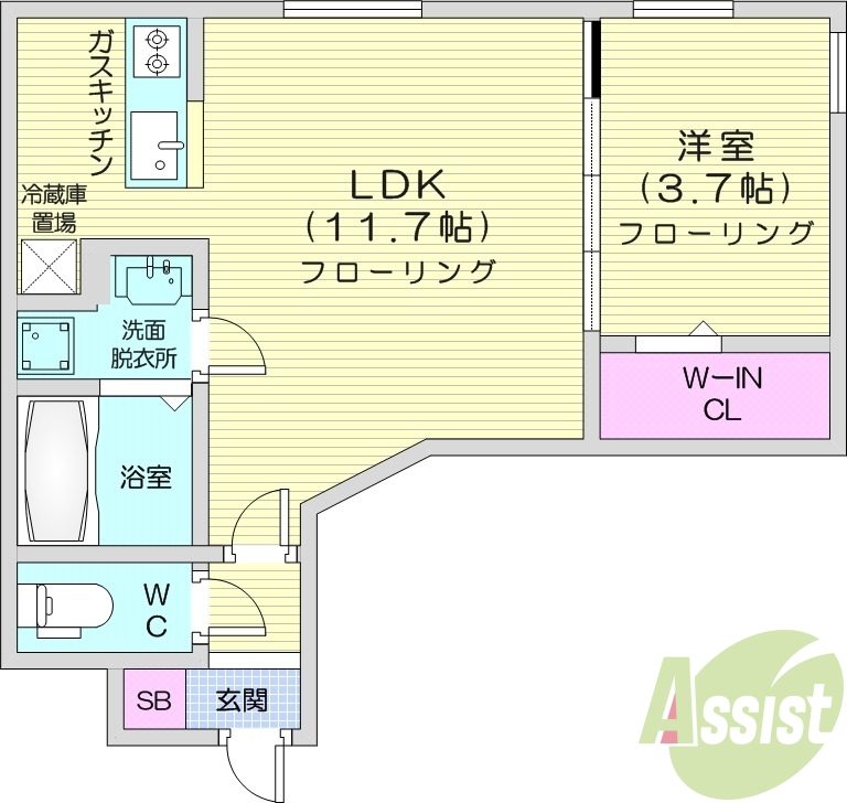 1LDK、都市ガス、インターネット無料、シャワートイレ