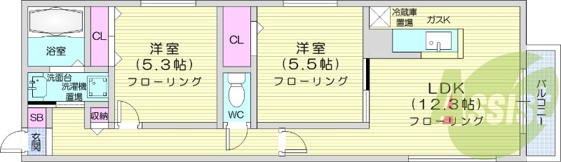 2LDK、角部屋、対面キッチン、エアコン