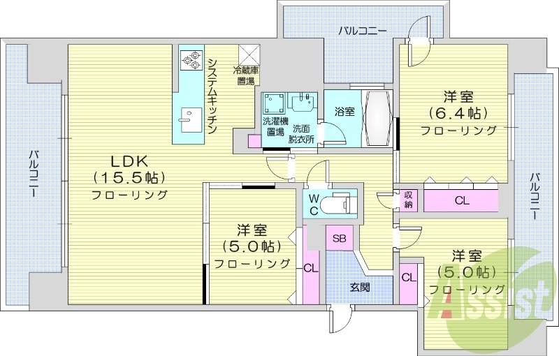 3LDK、都市ガス、システムキッチン、バルコニー、独立洗面
