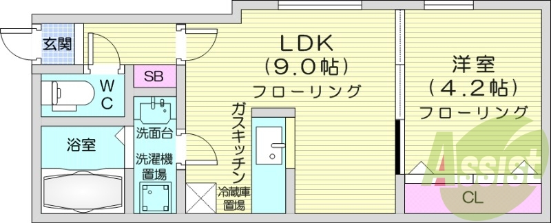 1LDK、灯油暖房、洗髪洗面化粧台、バストイレ別