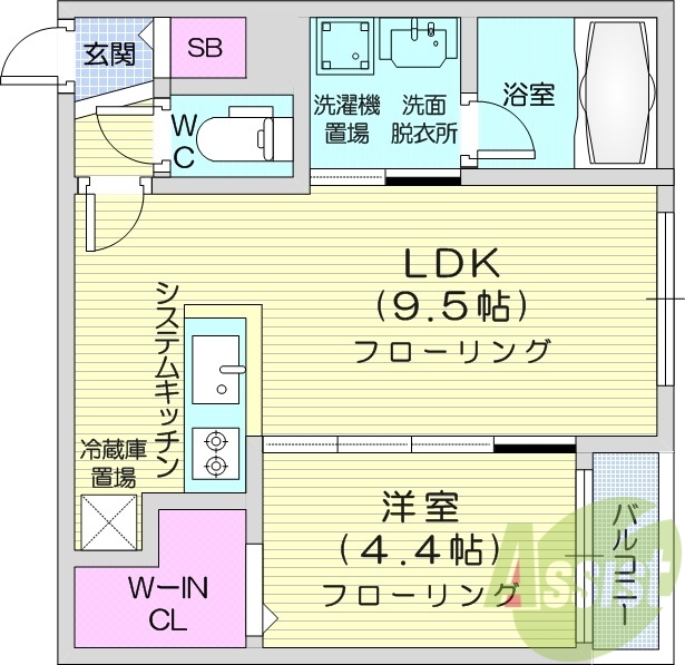 1LDK、角部屋、システムキッチン、エアコン