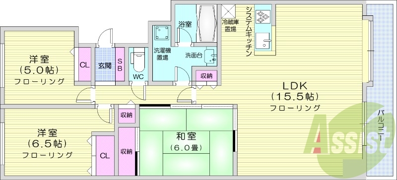 3LDK、都市ガス、システムキッチン、シャワートイレ