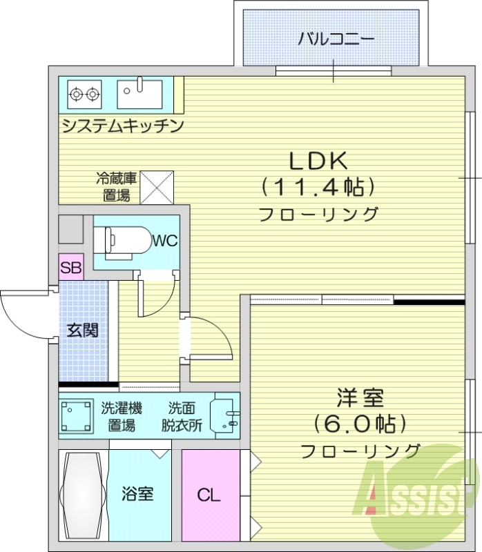 1LDK、エアコン、都市ガス、システムキッチン