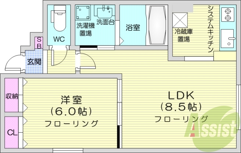 1LDK、インターネット無料、温水洗浄便座、システムキッチン