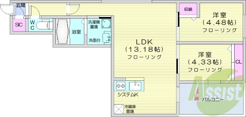 2LDK、エアコン、都市ガス、システムキッチン、独立洗面台