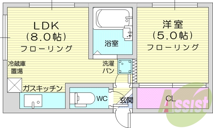 1LDK、バストイレ別、灯油暖房、角部屋