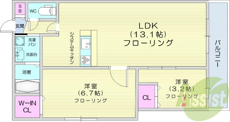 2LDK、都市ガス、エアコン、浴室乾燥機