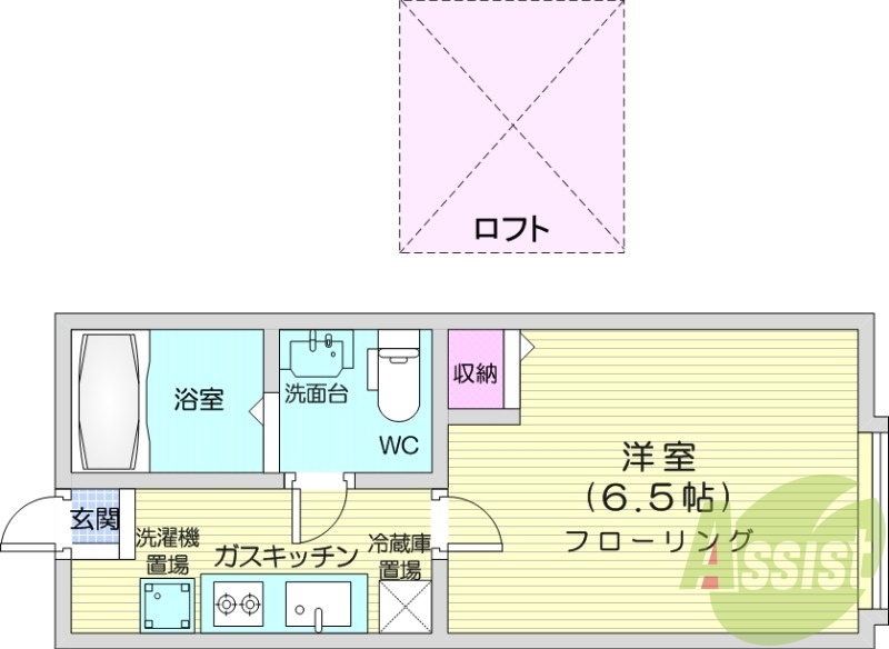 1K、ロフト付き、インターネット無料、収納、独立洗面台