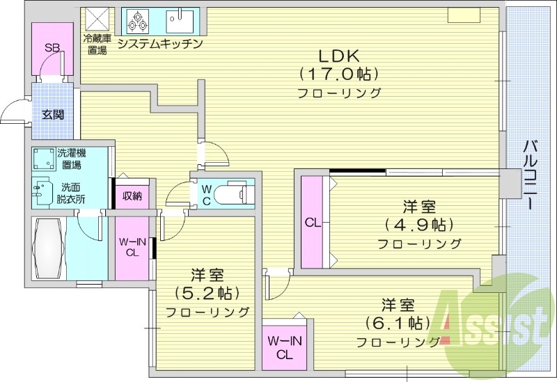 3LDK、角部屋、都市ガス、エアコン、追い炊き