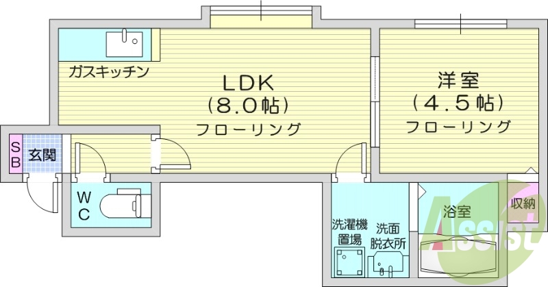 1LDK、ユニットバス、暖房便座、灯油暖房