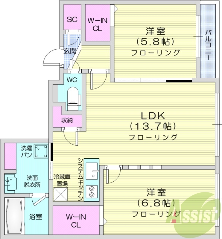 2LDK、都市ガス、エアコン、システムキッチン