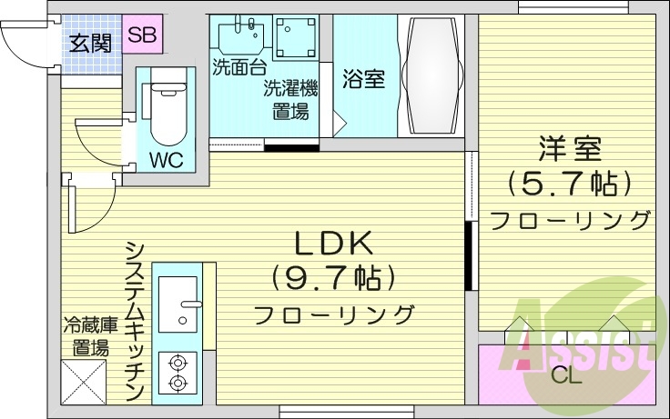 1LDK、都市ガス、エアコン、システムキッチン、浴室乾燥機