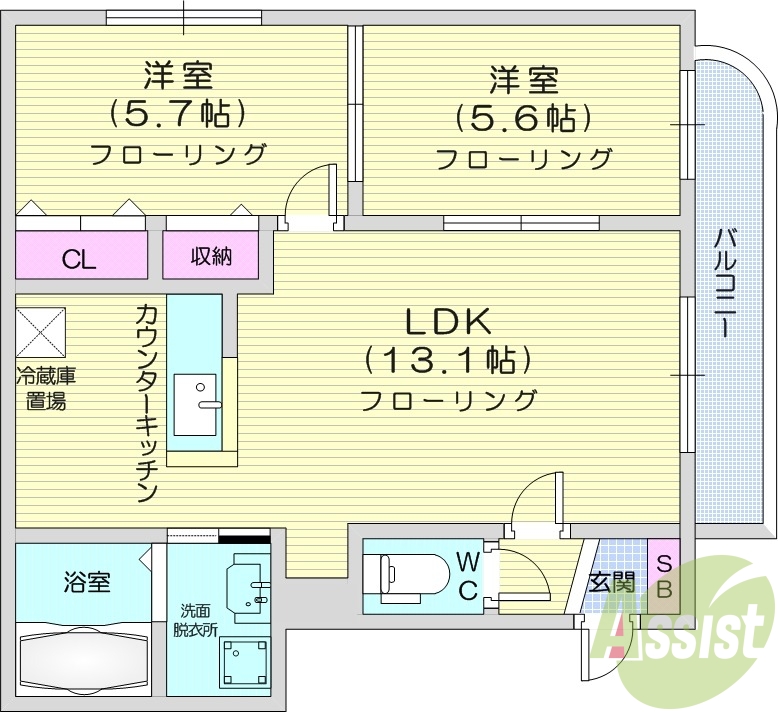 2LDK、バルコニー、灯油暖房、角部屋、最上階