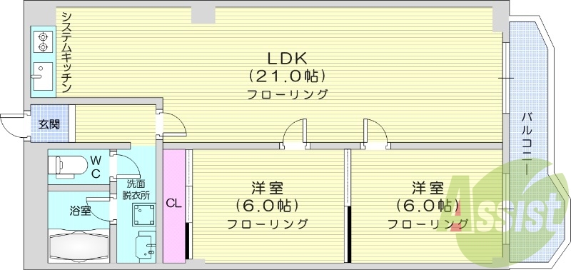 2LDK、都市ガス、エアコン、灯油暖房、シャンプードレッサー
