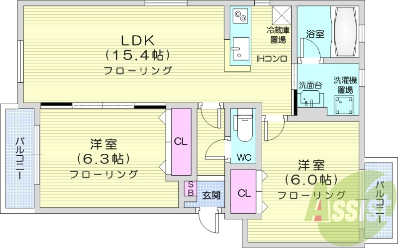 2LDK、バルコニー、物置、対面式キッチン