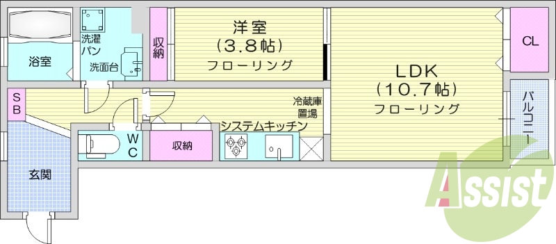 1LDK、都市ガス、エアコン、追い焚き、バルコニー