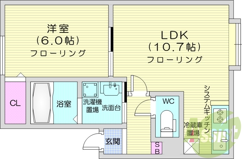 1LDK、エアコン、TV付モニターホン、脱衣所