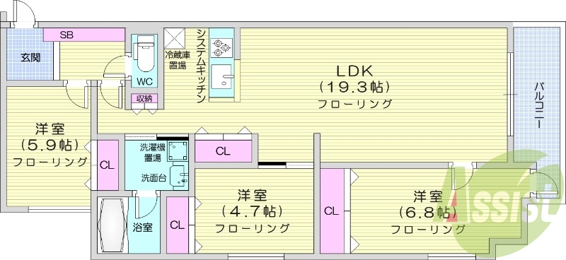 3LDK、都市ガス、追い炊き、エアコン、システムキッチン