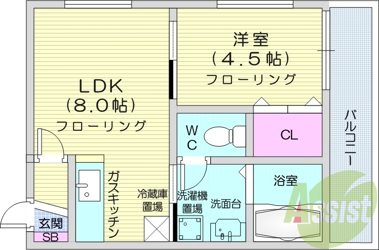 1LDK、灯油暖房、独立洗面台、バス・トイレ別、ガス給湯器