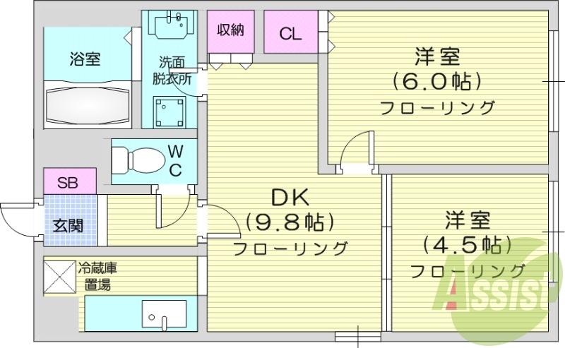 2DK、灯油暖房、ガス給湯、独立洗面台、バス・トイレ別