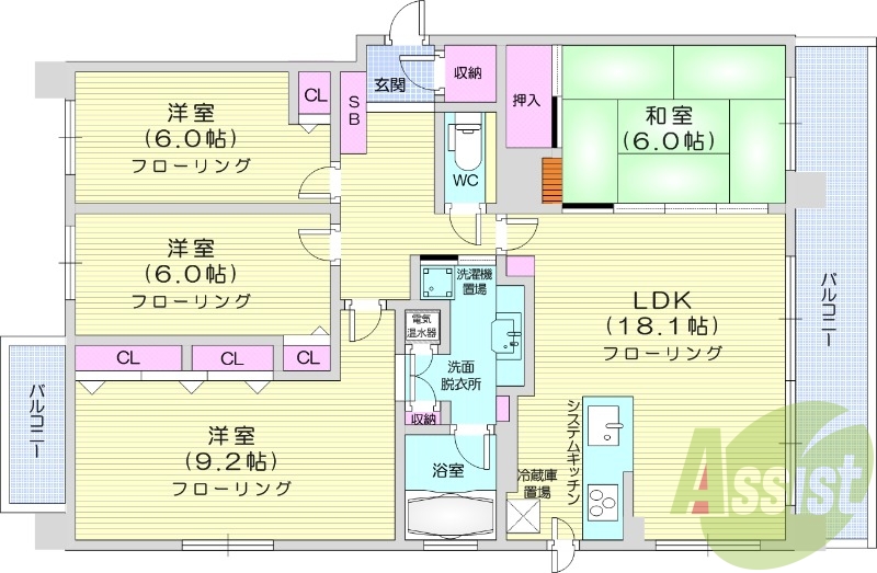4LDK、ペット可、角部屋、オール電化、床暖房、エアコン