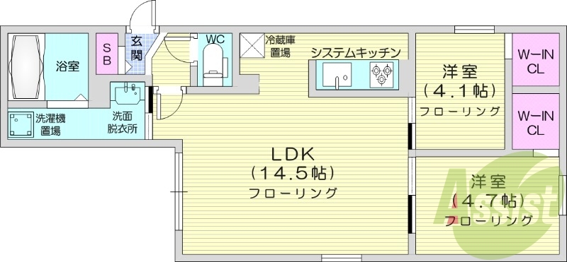 2LDK、角部屋、追炊き、エアコン、ネット無料