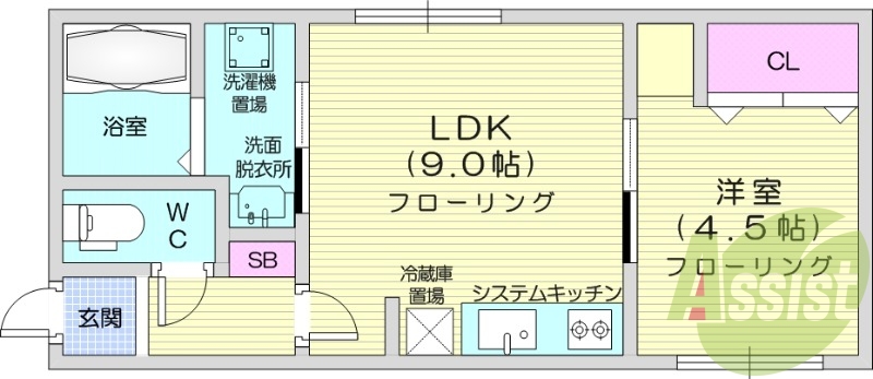 1LDK、ネット無料、エアコン、浴室乾燥、システムキッチン