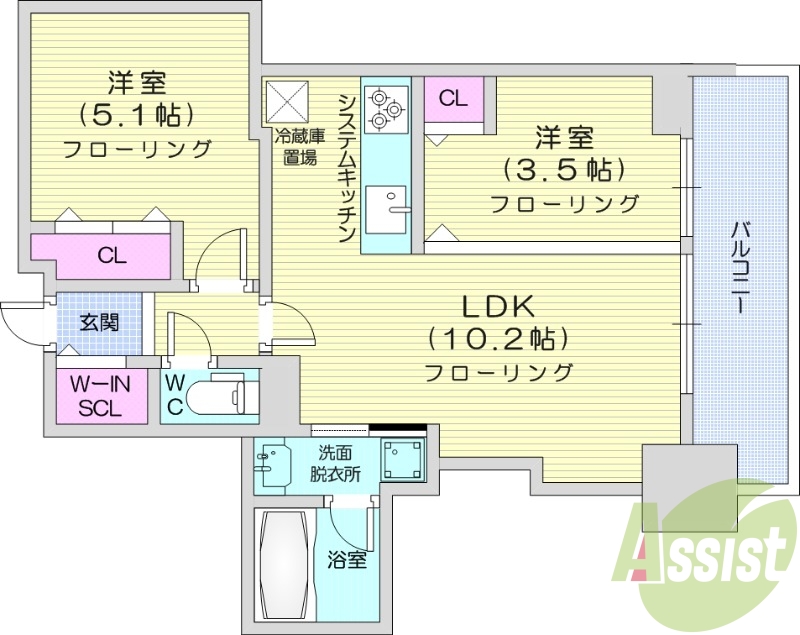 2LDK、都市ガス、ペット可、追炊き、システムキッチン