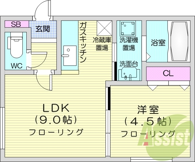 1LDK、オートロック、独立洗面台、角部屋