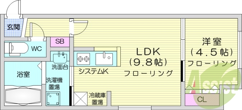 1LDK、システムキッチン、エアコン、都市ガス、ネット無料