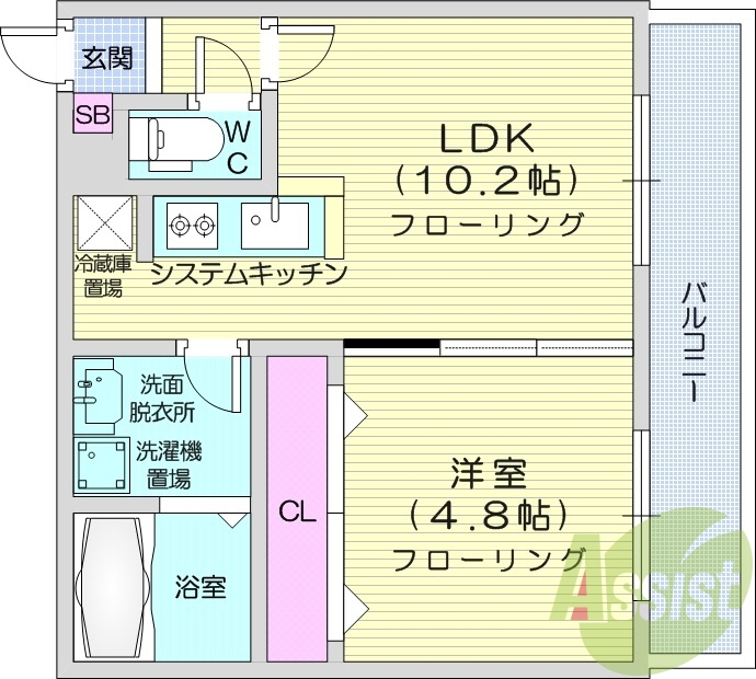 1LDK、システムキッチン、シャワートイレ、エアコン