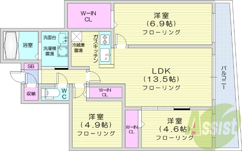 3LDK、エアコン、システムキッチン、ネット無料