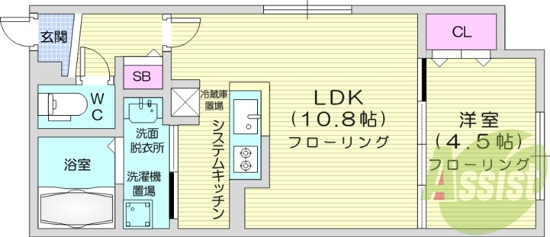 1LDK、エアコン、システムキッチン、ネット無料