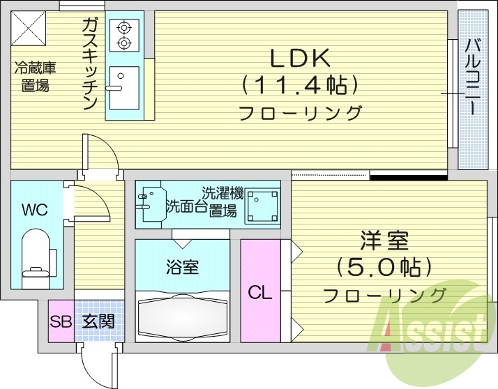 1LDK、システムキッチン、都市ガス、ペット可
