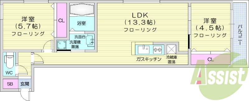 2LDK、都市ガス、ペット可、エアコン、ネット無料