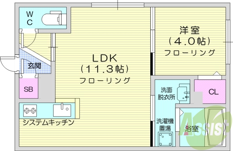1LDK、システムキッチン、エアコン、エレベーター